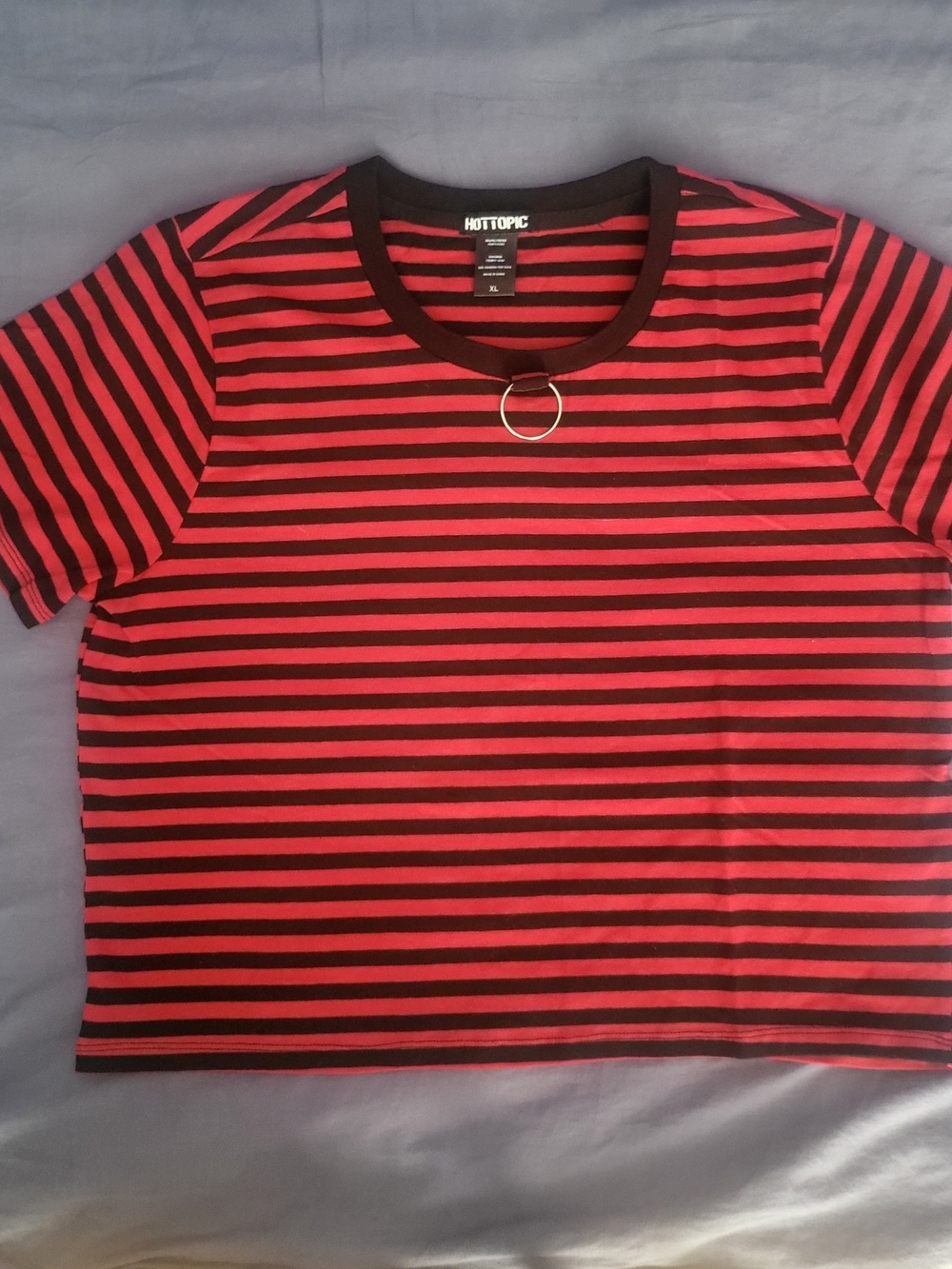 Hot Topic Red and Black Striped Crop Tee with O-Ring